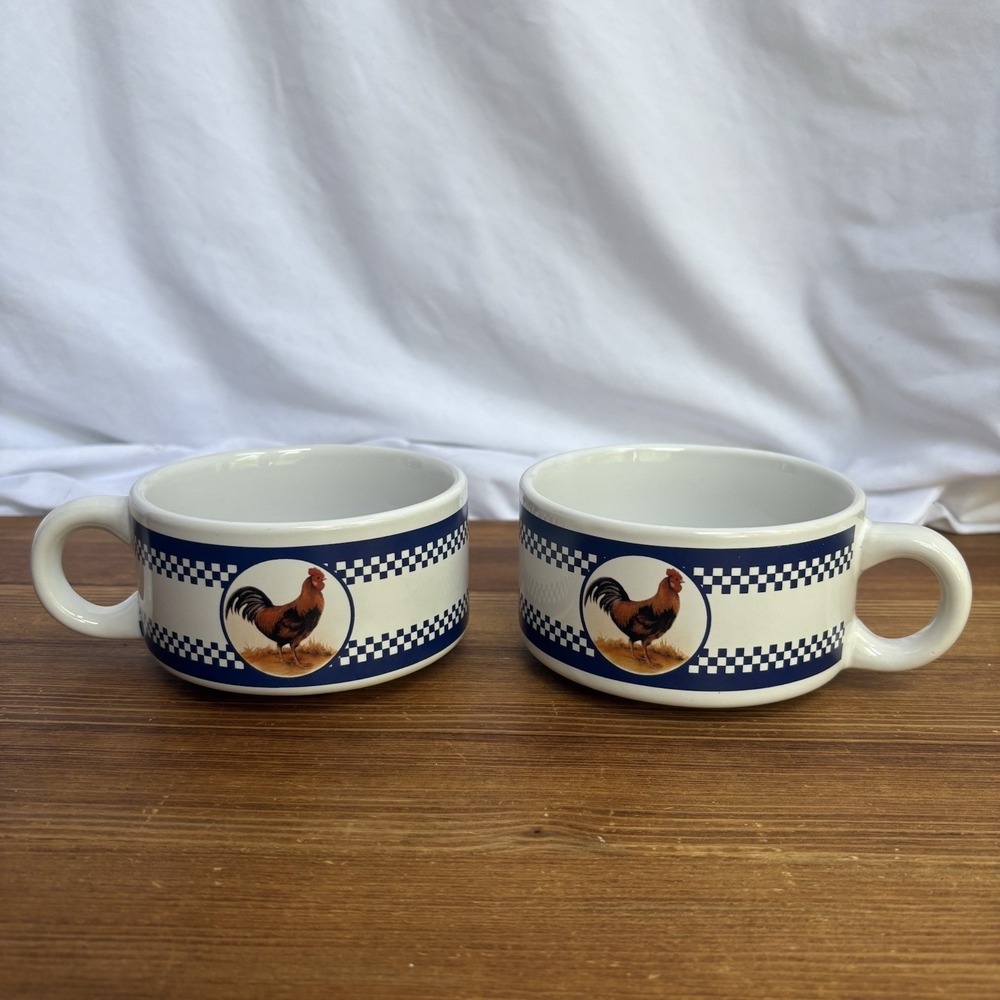 Houston Harvest Rooster Soup Mugs Set of 2 Ceramic Chicken Chili Bowls Farmhouse